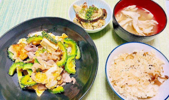 ゴーヤチャンプル 秋の味覚 和食献立 栄養満点 炊き込みごはん ヘルシー料理 きのこの味噌汁 簡単レシピ 家庭料理 無限なす バランス献立 沖縄料理 おうち定食 野菜たっぷり 秋ごはん 献立 一覧 サムネイル